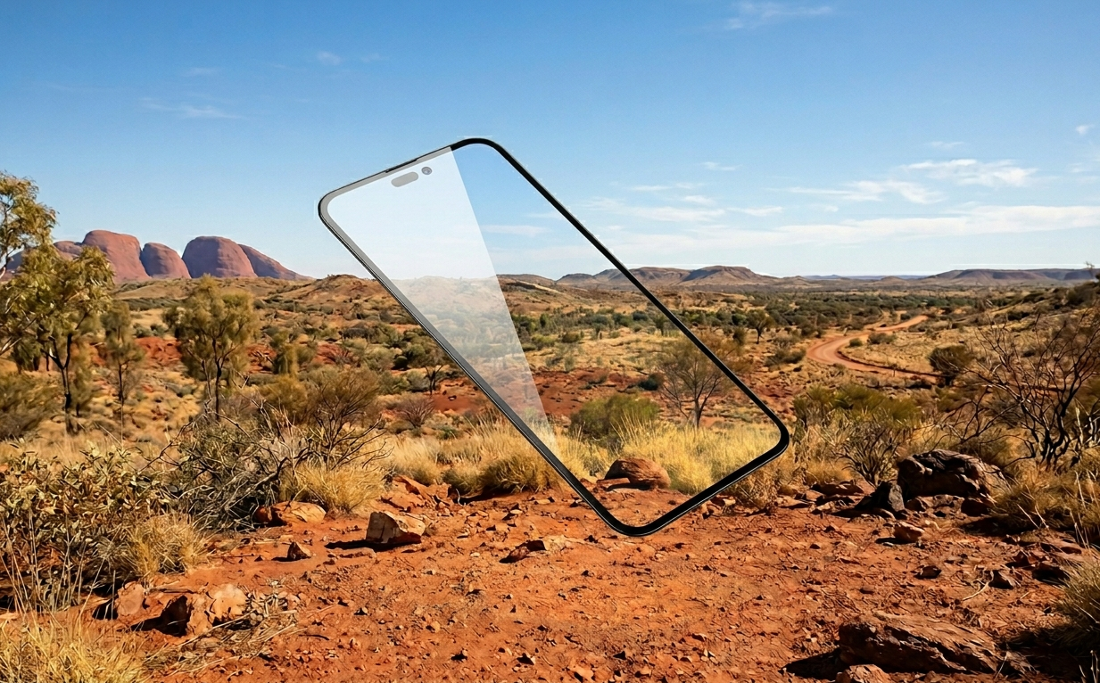 Phone screen overlay on a desert landscape with mountains in the background